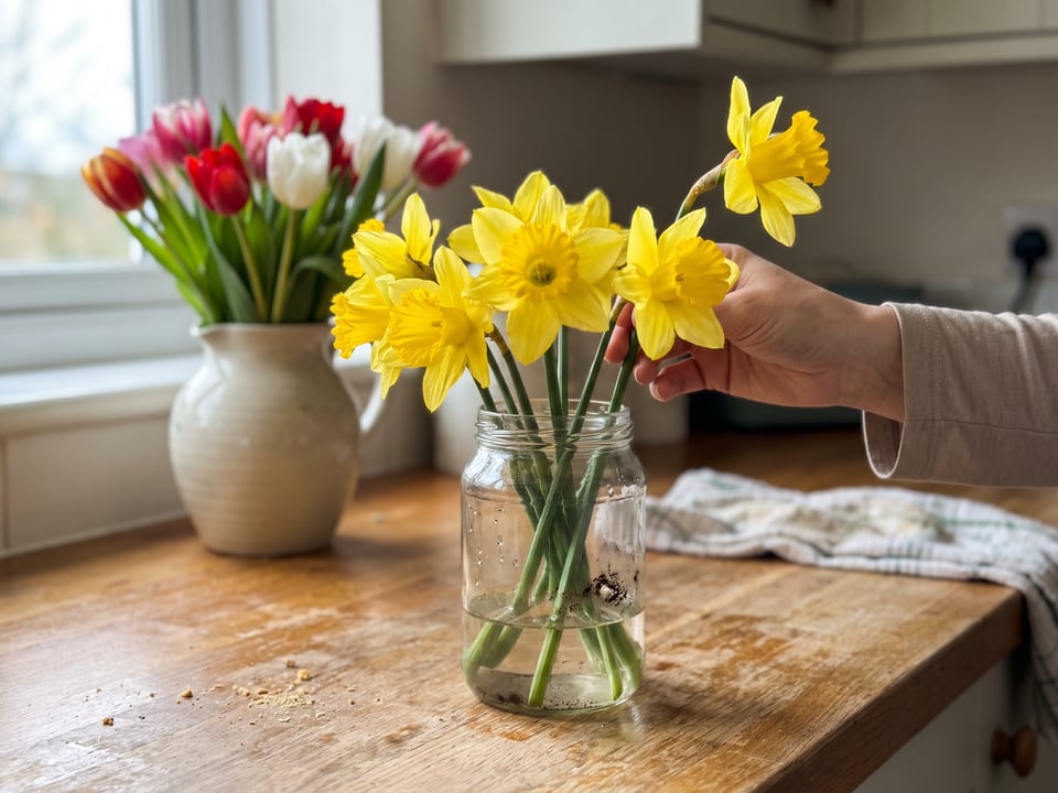 Cut daffodils in a jar on their own, apart from a vase of tulips
