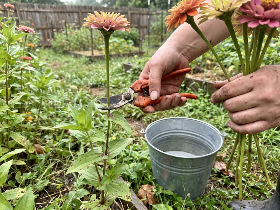 A zinnia stem being cut with snips above a side shoot, a bucket of water below
