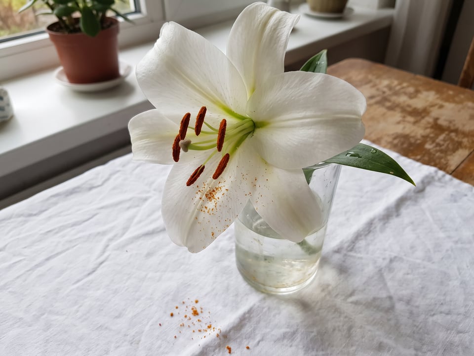 Orange lily pollen on the stamens and fallen onto a tablecloth