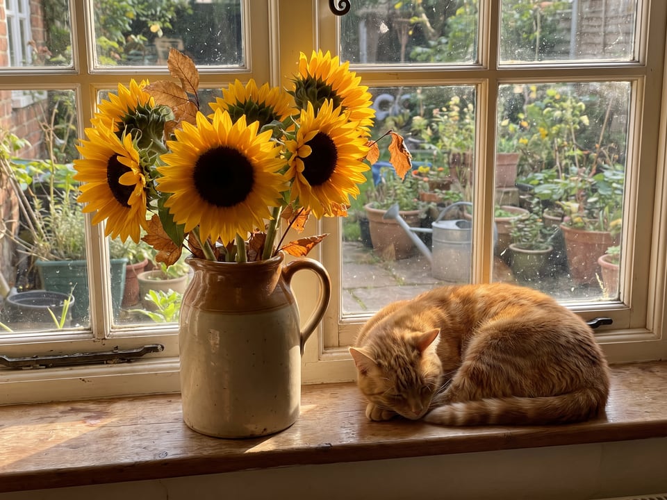 A cat resting on a windowsill beside a jug of sunflowers