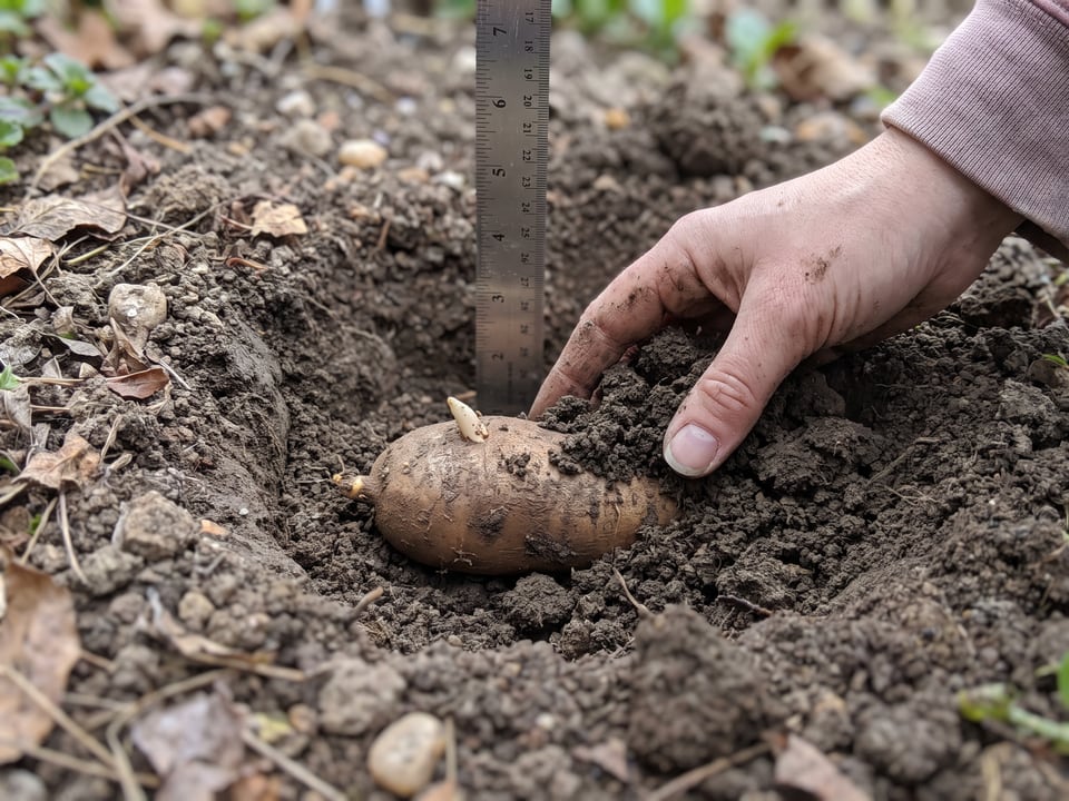 A dahlia tuber lying flat in a planting hole with a ruler for depth