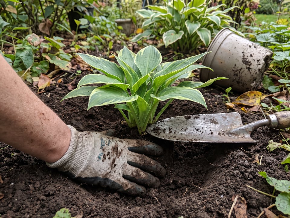 A hosta crown set level with the soil in a wide hole