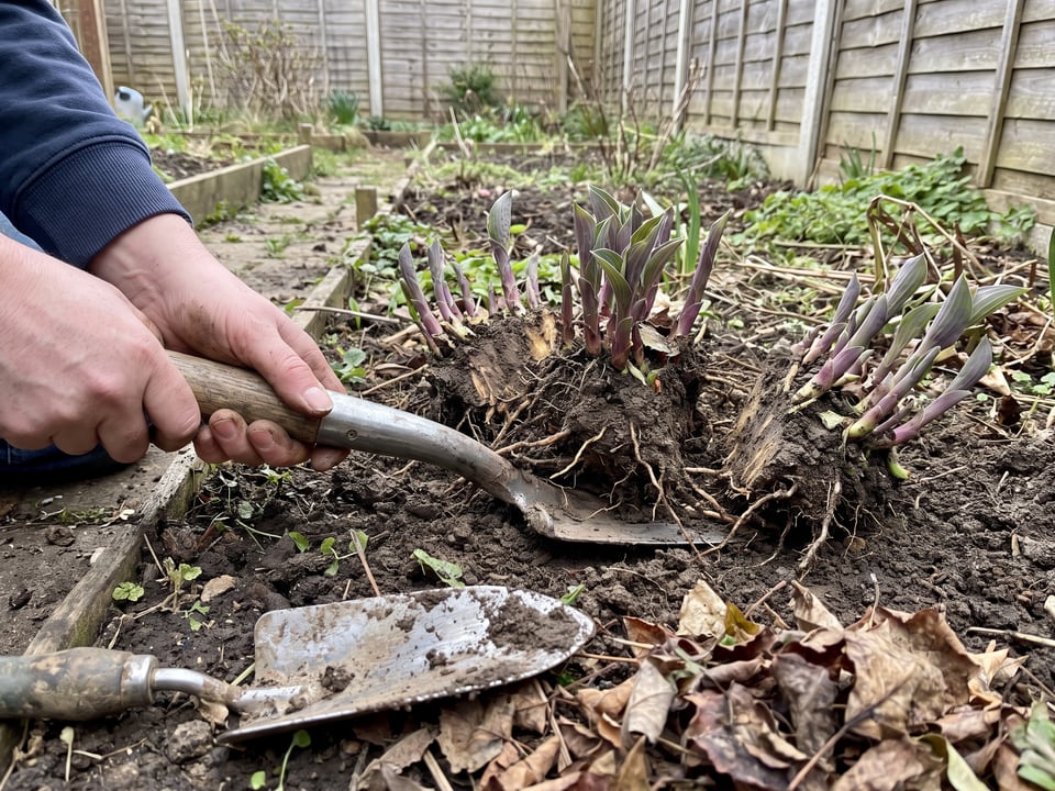 A hosta clump being split with a spade in early spring