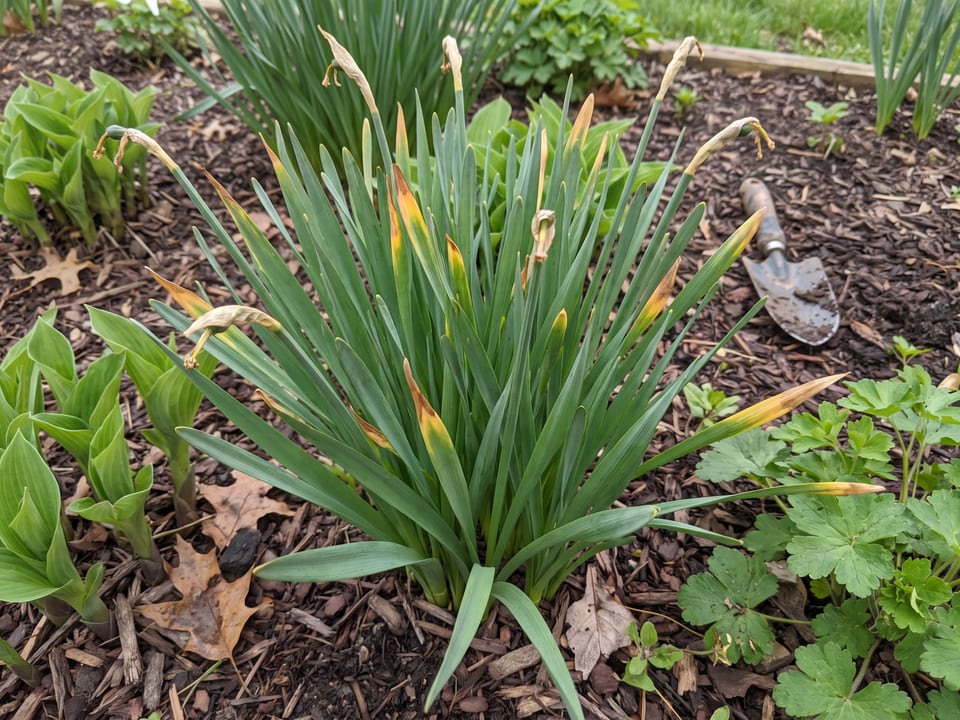 Daffodil leaves left standing after the flowers are removed