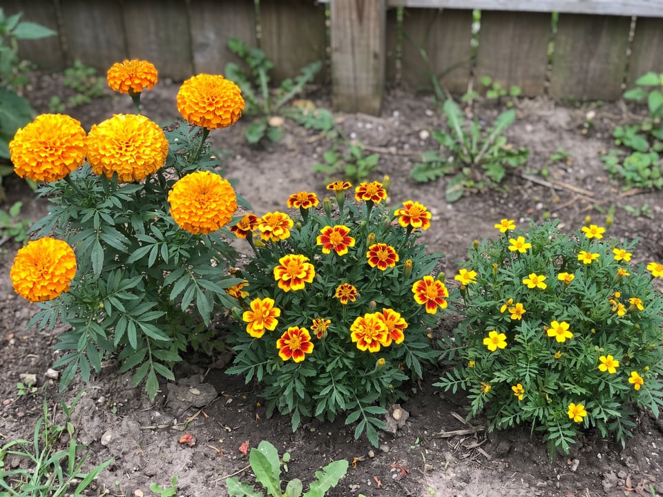 African, French and signet marigolds growing side by side