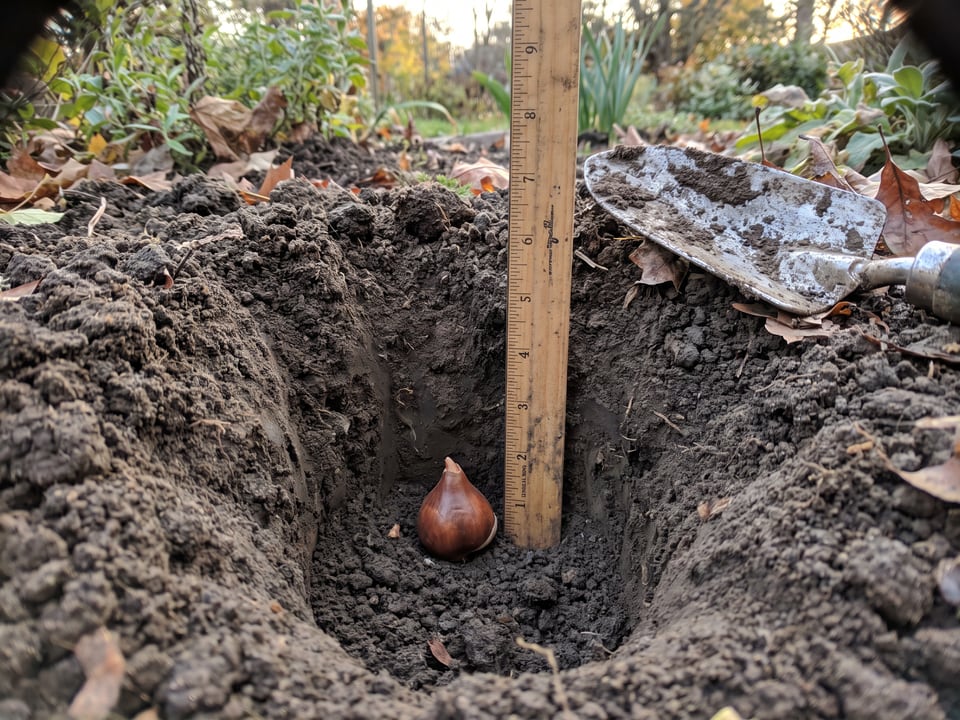 A tulip bulb at the bottom of a planting hole next to an upright ruler