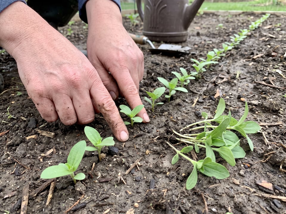 A row of thinned zinnia seedlings