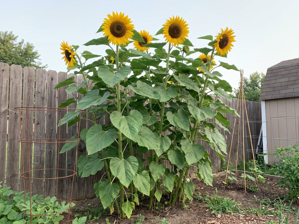 American Giant sunflower plants in bloom in a garden
