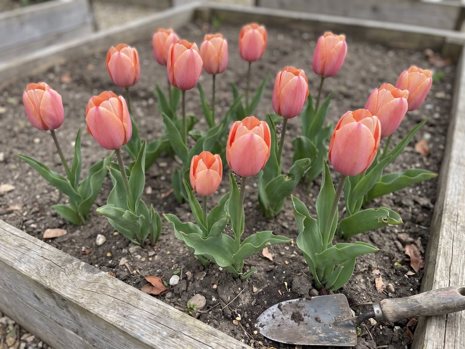 Apricot Beauty tulip plants in bloom in a garden