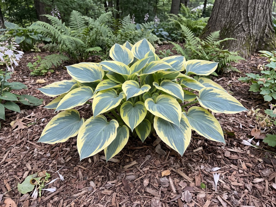 A Autumn Frost hosta clump growing in a shade garden