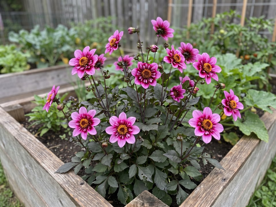 Bee Happy dahlia plants in bloom in a garden