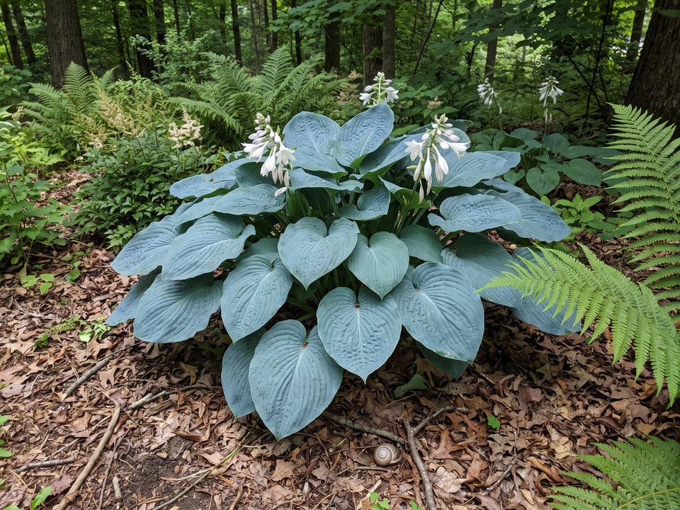 A Big Daddy hosta clump growing in a shade garden