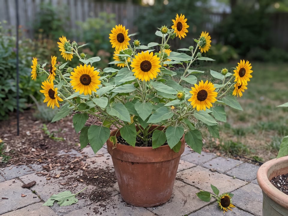 Big Smile sunflower plants in bloom in a garden