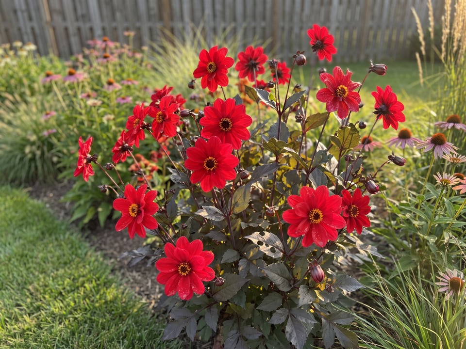 Bishop of Llandaff dahlia plants in bloom in a garden