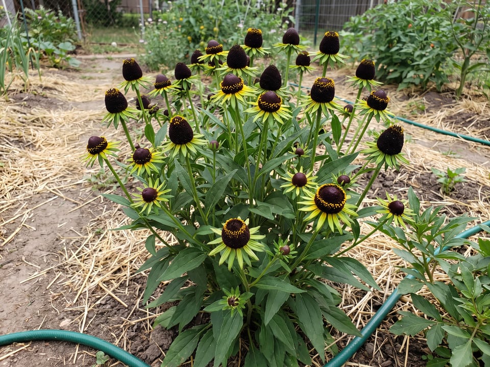Black Beauty black-eyed Susan plants in bloom in a garden
