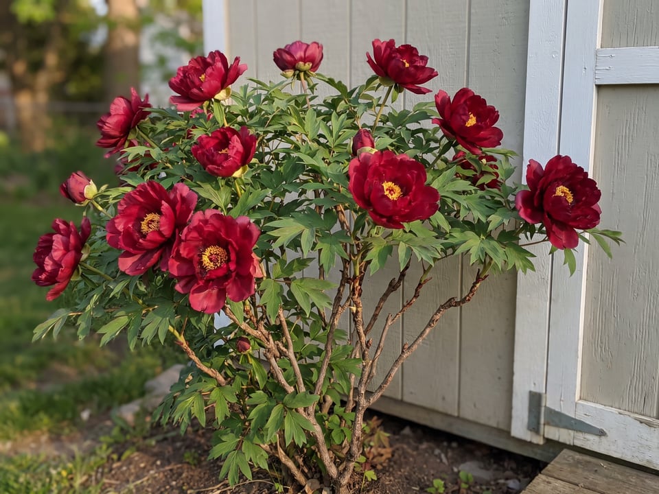 Black Pirate peony plants in bloom in a garden