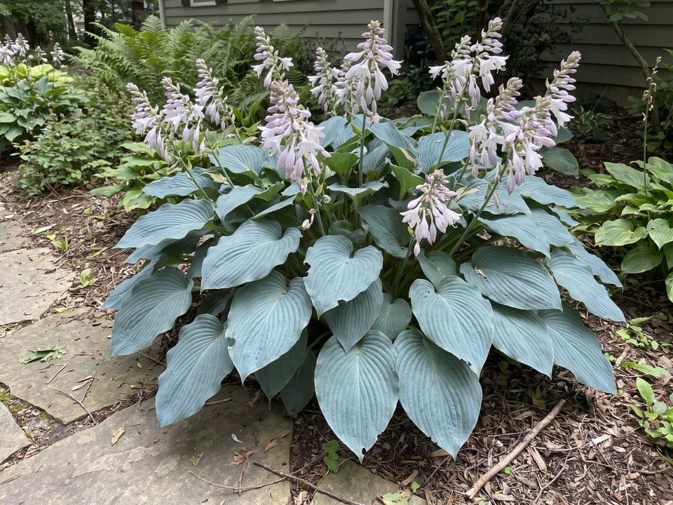 A Blue Angel hosta clump growing in a shade garden