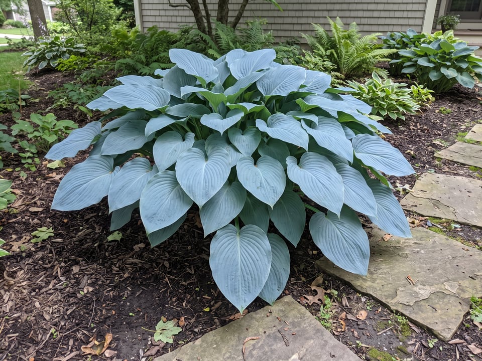 A Blue Hawaii hosta clump growing in a shade garden