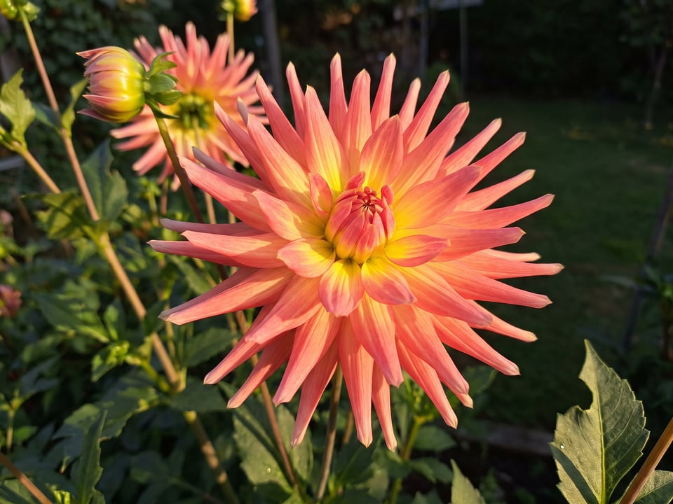A Bora Bora dahlia flower up close on the plant