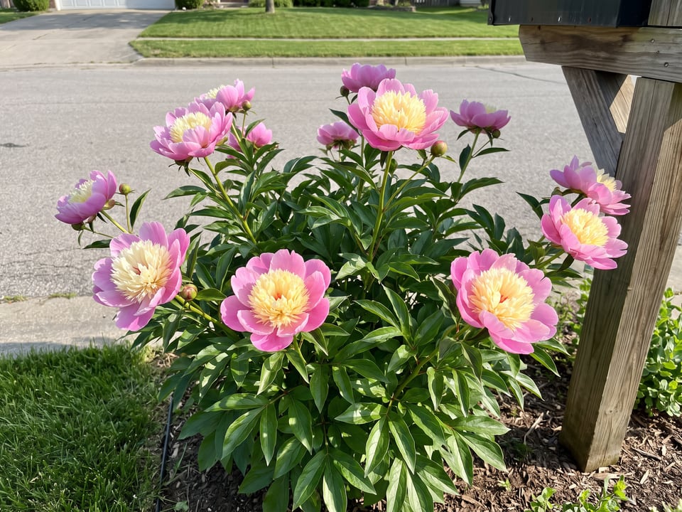 Bowl of Beauty peony plants in bloom in a garden