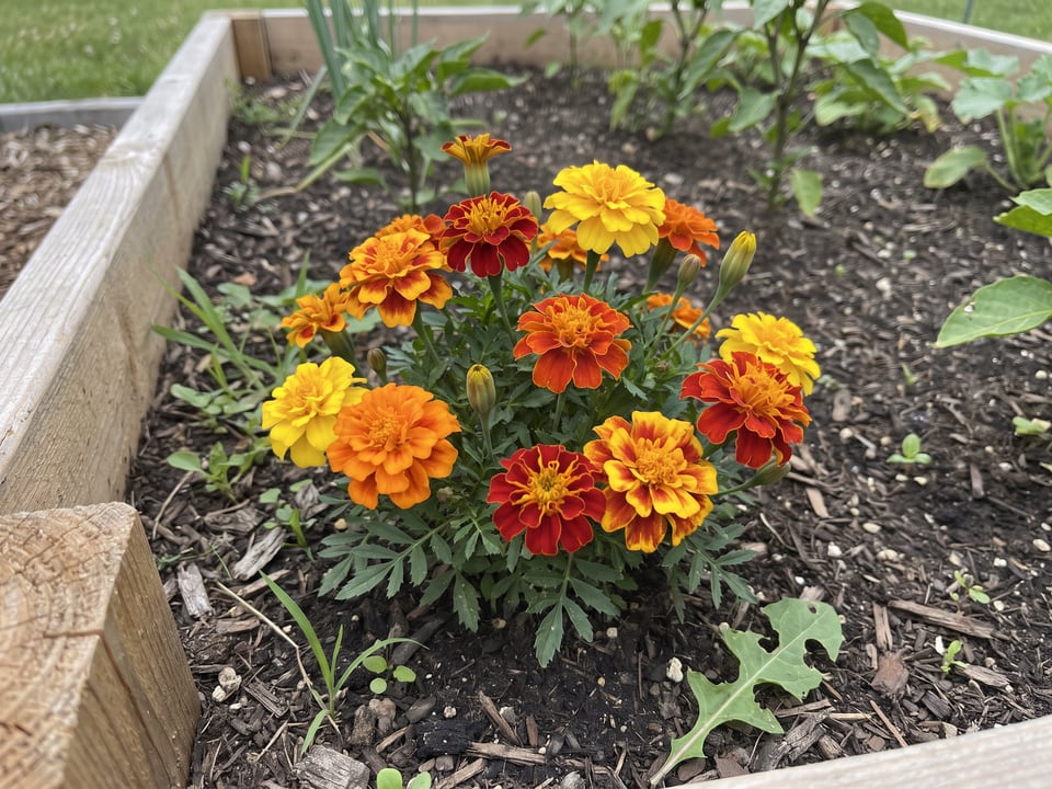 Boy O Boy marigold plants in bloom in a garden