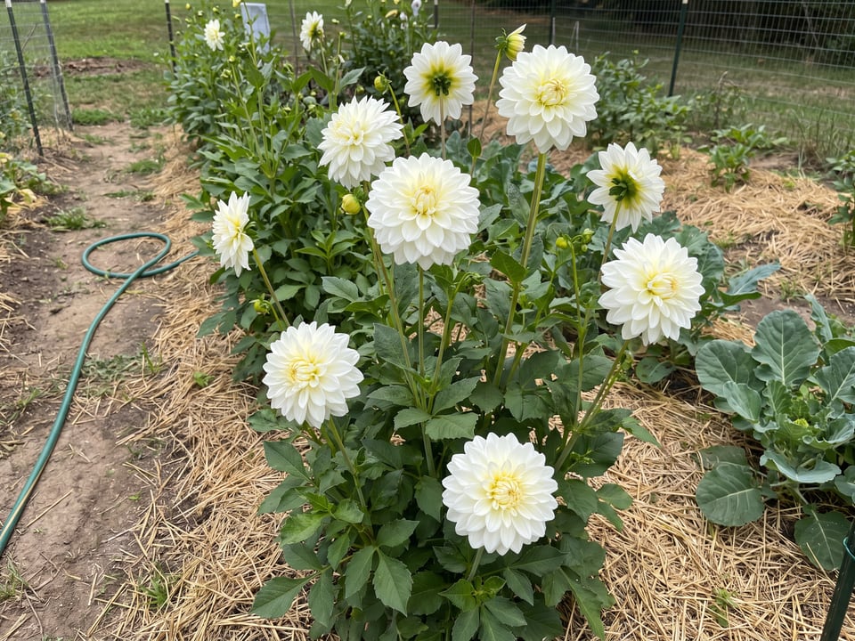 Bride to Be dahlia plants in bloom in a garden