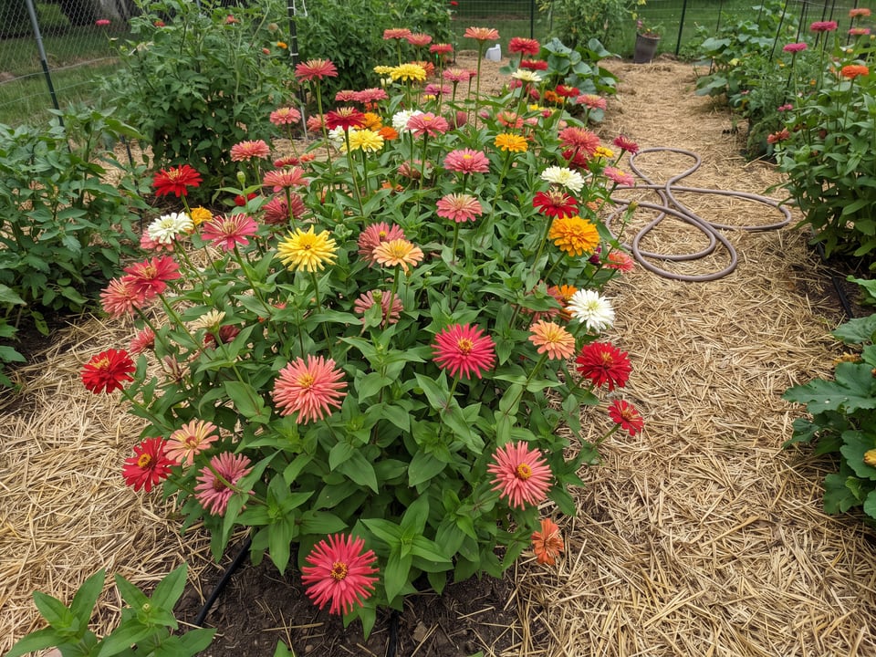 Bright Jewels zinnia plants in bloom in a garden