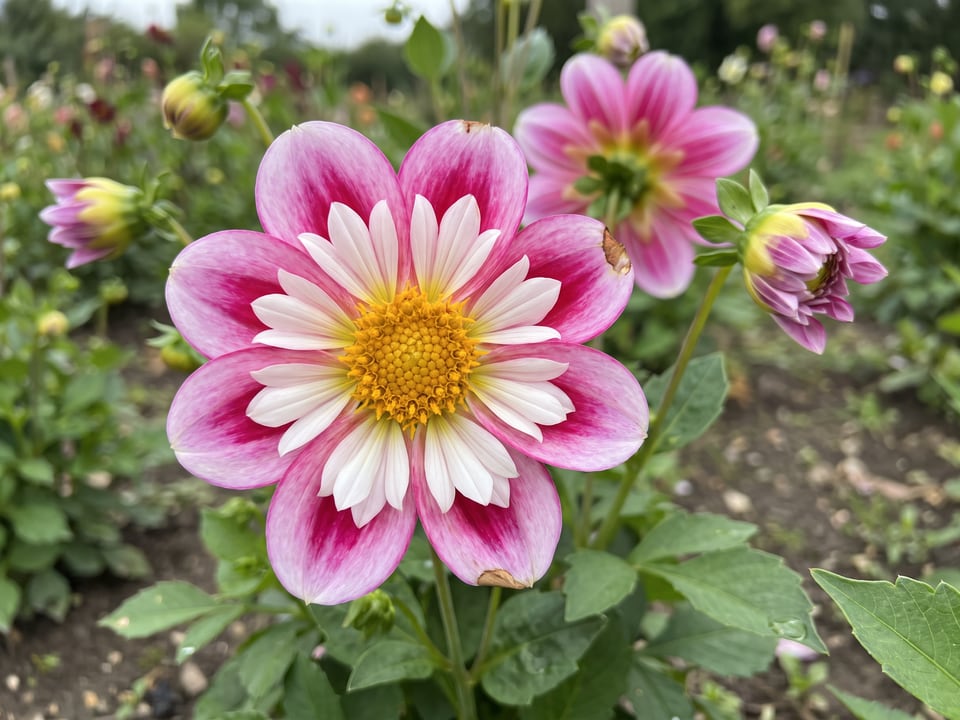 A Bumble Rumble dahlia flower up close on the plant