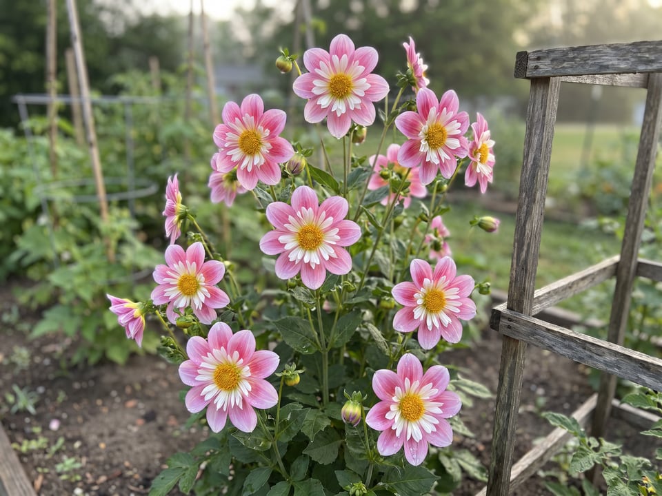 Bumble Rumble dahlia plants in bloom in a garden