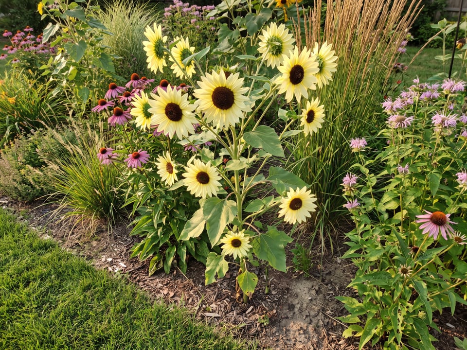 Buttercream sunflower plants in bloom in a garden