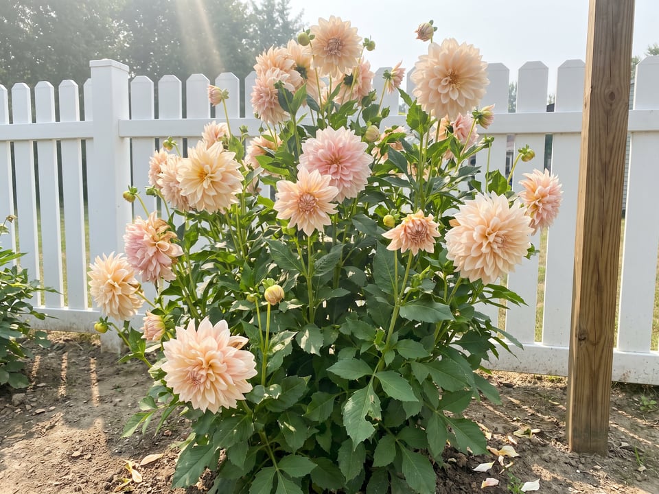 Café au Lait dahlia plants in bloom in a garden