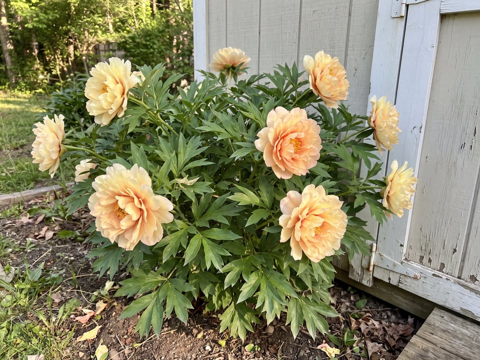Canary Brilliants peony plants in bloom in a garden