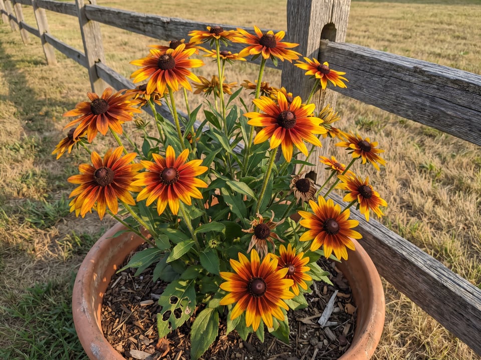 Cappuccino black-eyed Susan plants in bloom in a garden