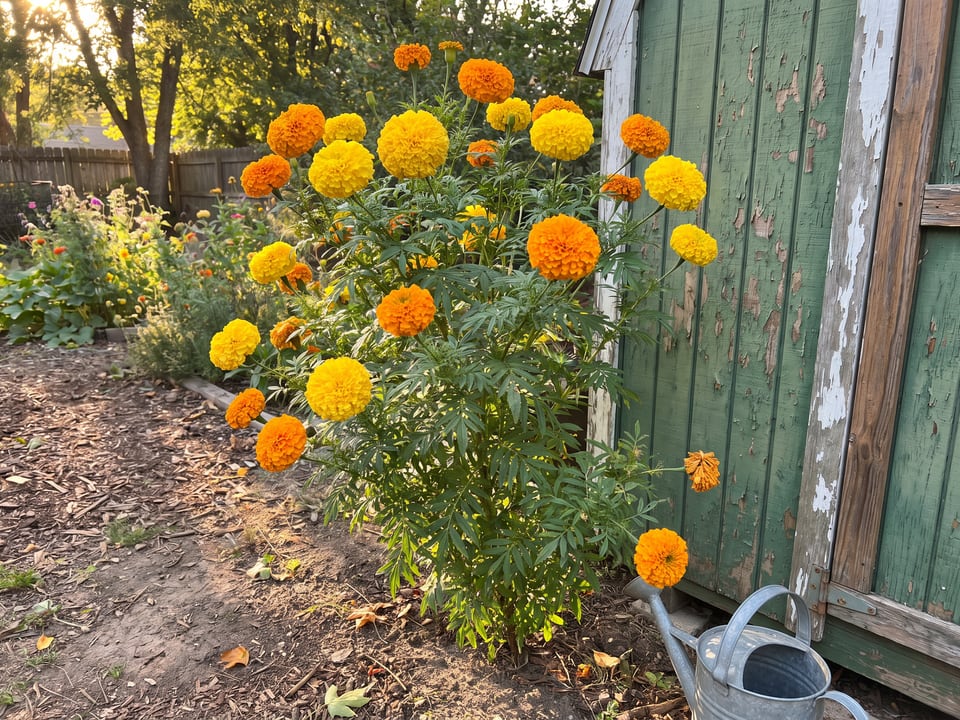 Cempasúchil marigold plants in bloom in a garden