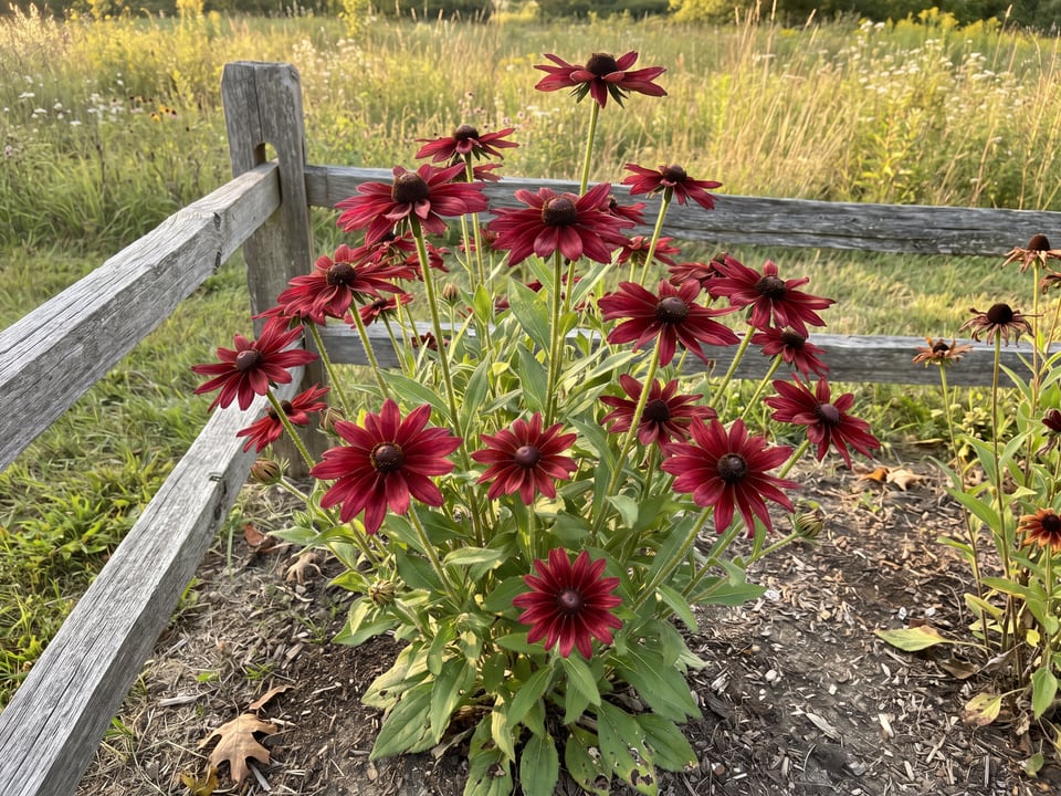 Cherry Brandy black-eyed Susan plants in bloom in a garden
