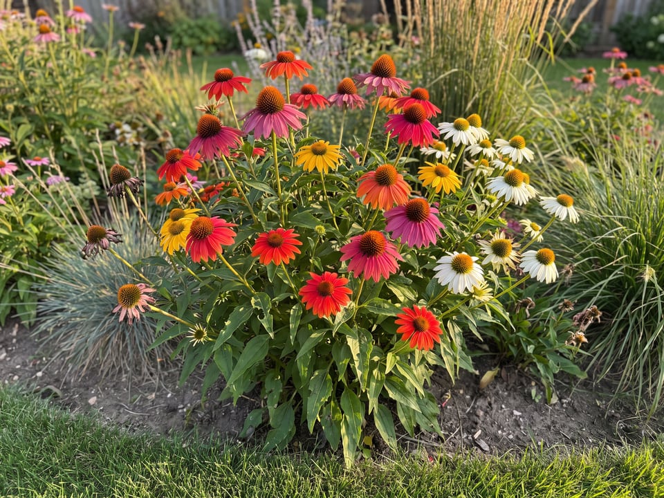 Cheyenne Spirit coneflower plants in bloom in a garden
