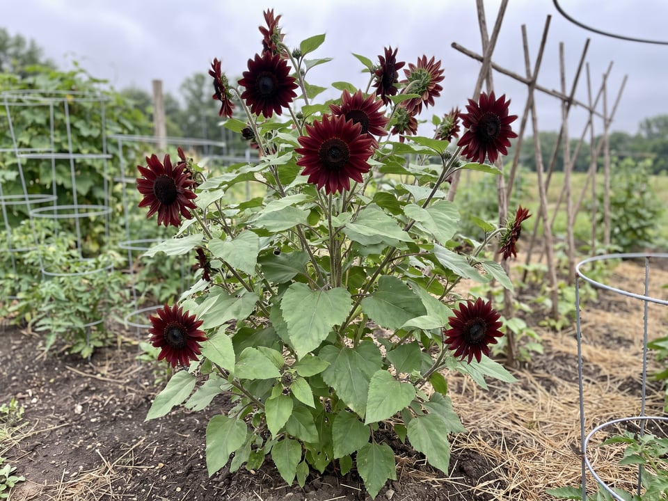 Chocolate Cherry sunflower plants in bloom in a garden