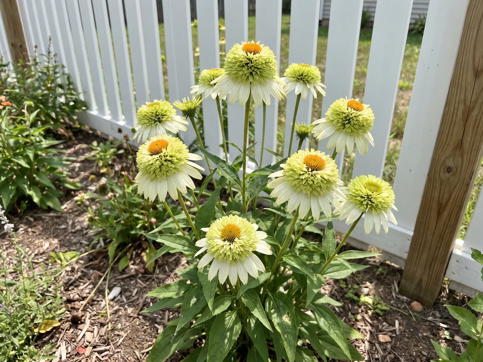 Coconut Lime coneflower plants in bloom in a garden