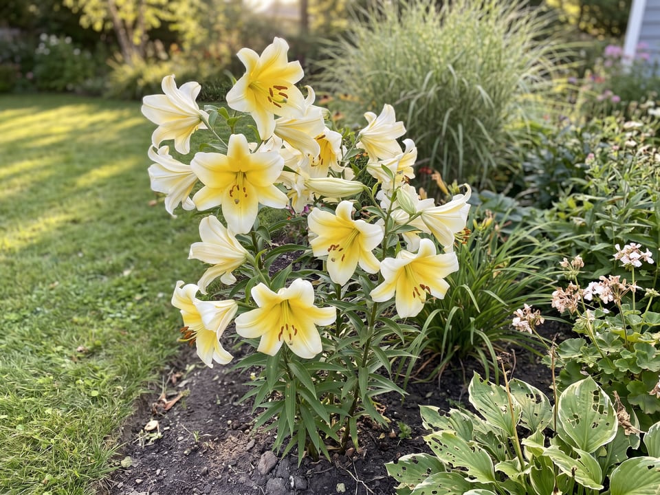 Conca d'Or lily plants in bloom in a garden