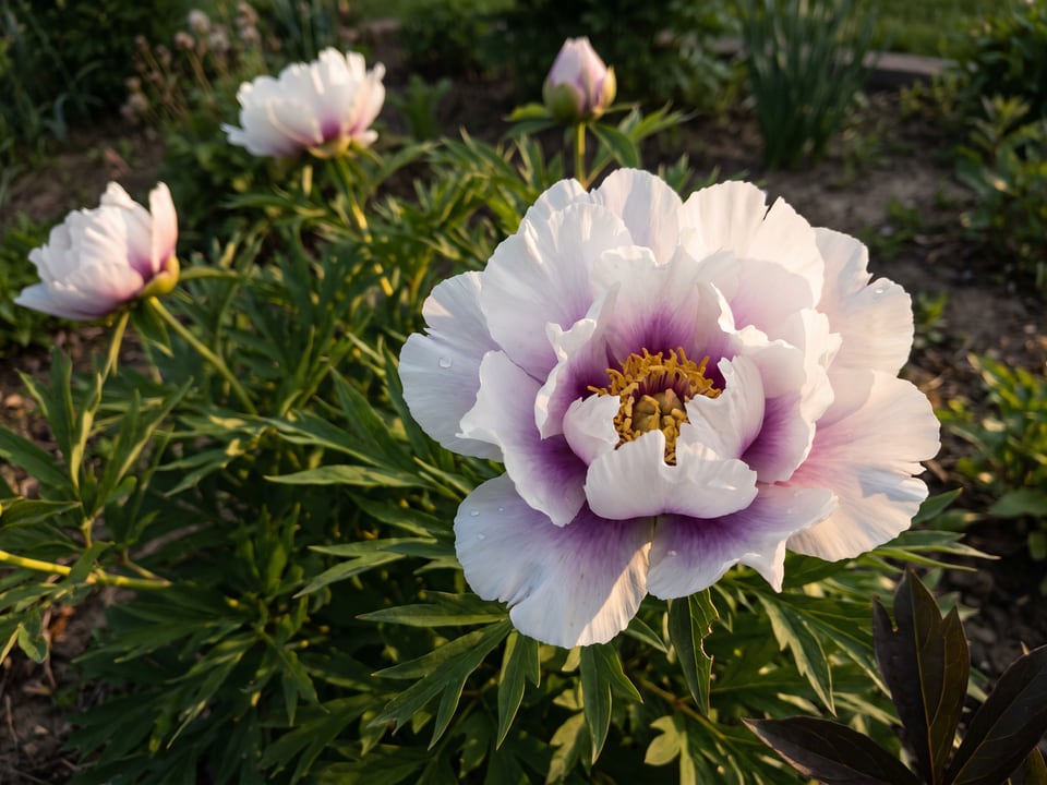 A Cora Louise peony flower up close on the plant