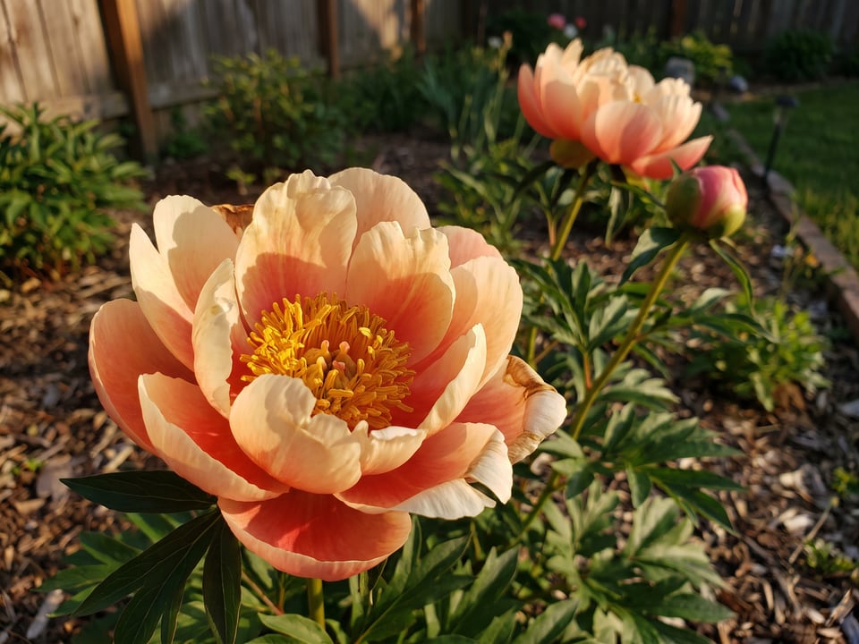 A Coral Charm peony flower up close on the plant