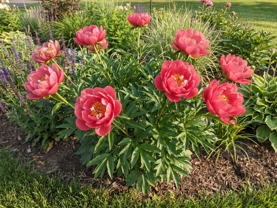 Coral Magic peony plants in bloom in a garden