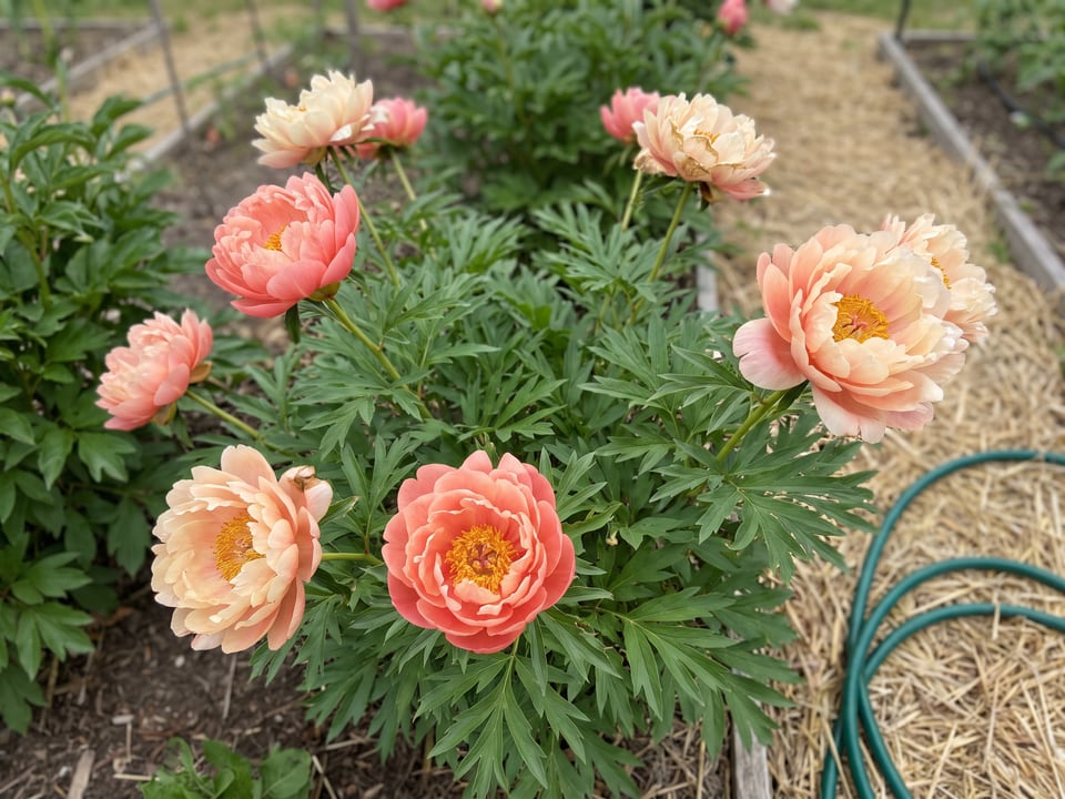 Coral Sunset peony plants in bloom in a garden