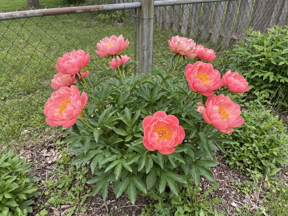 Coral Supreme peony plants in bloom in a garden