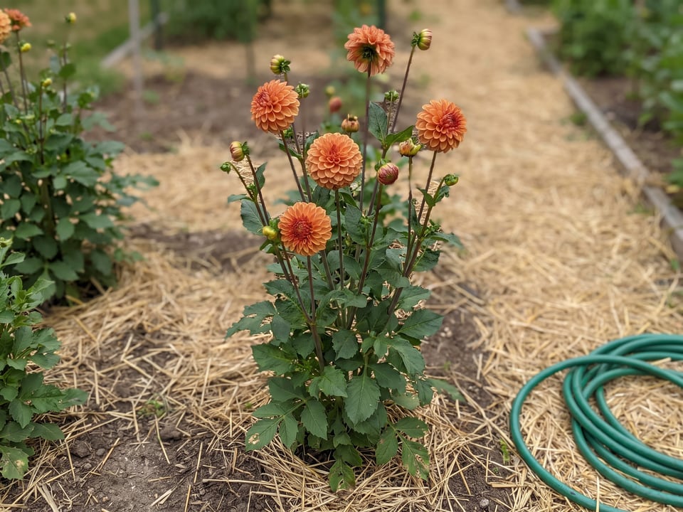 Cornel Bronze dahlia plants in bloom in a garden