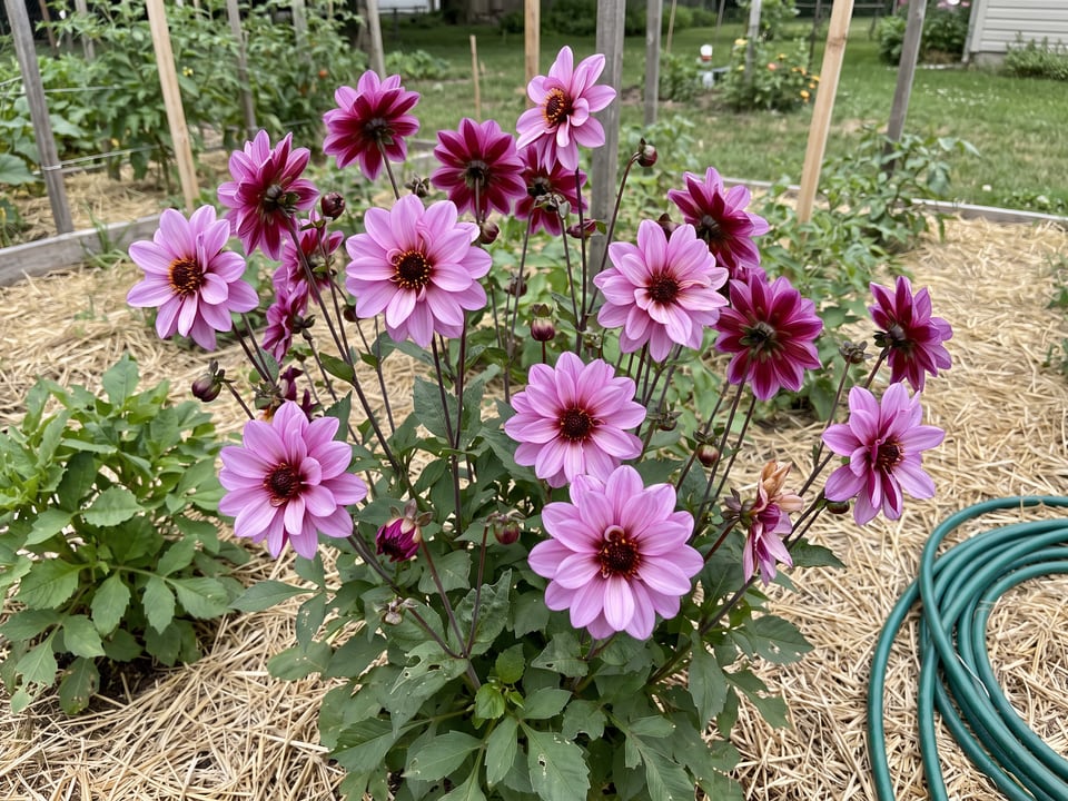 Crème de Cassis dahlia plants in bloom in a garden