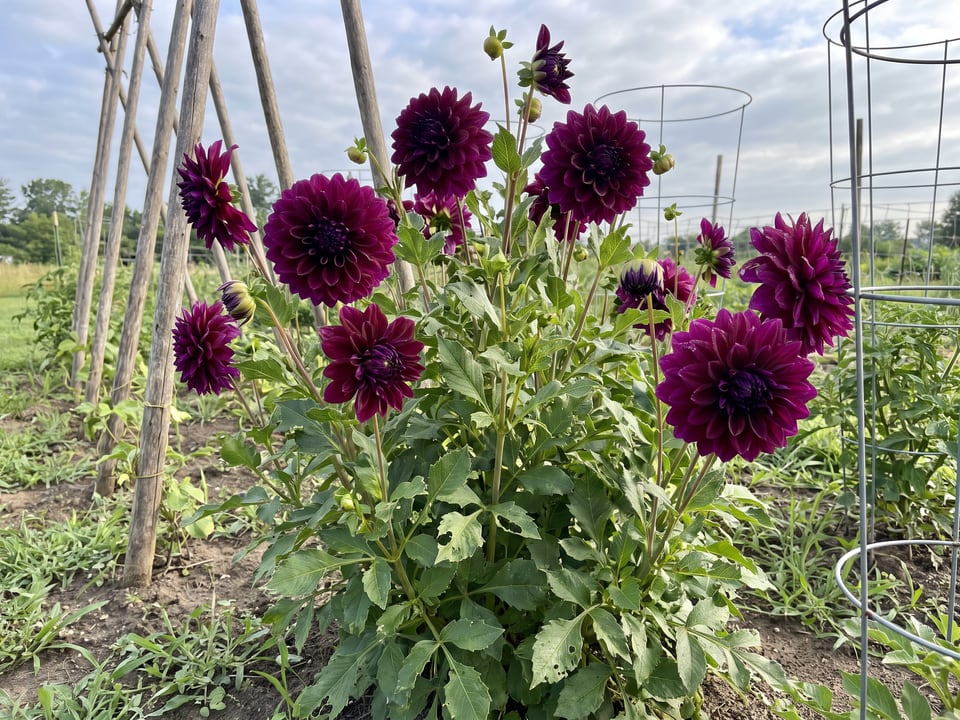 Diva dahlia plants in bloom in a garden