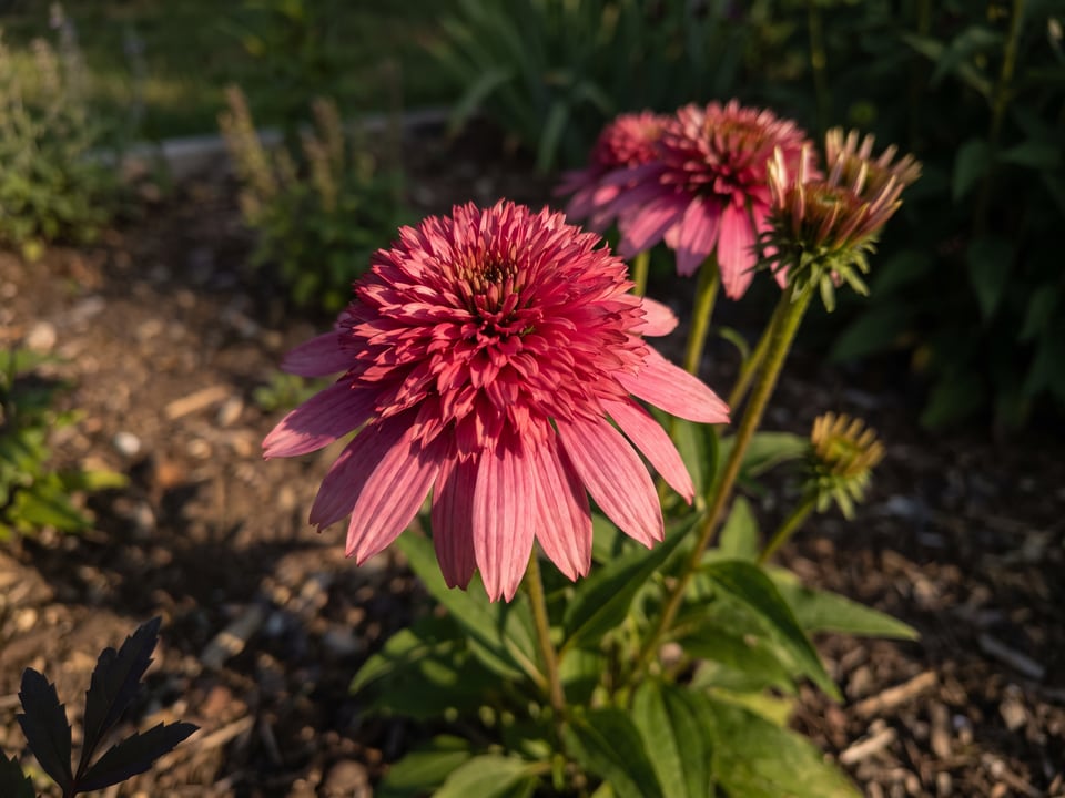 A Double Scoop Raspberry coneflower flower up close on the plant