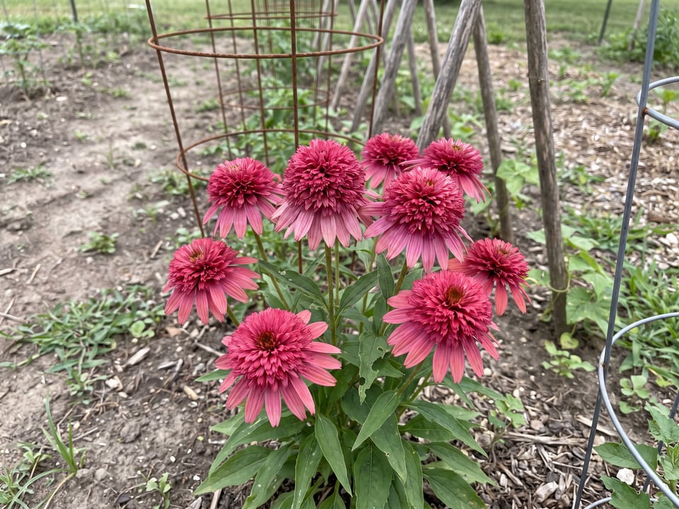 Double Scoop Raspberry coneflower plants in bloom in a garden