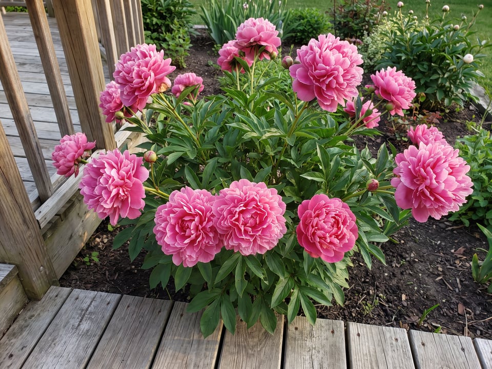 Dr. Alexander Fleming peony plants in bloom in a garden